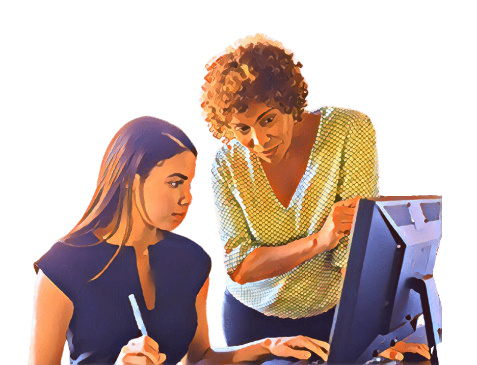 2 Frauen sitzen am Computer und schauen zusammen auf den Bildschirm